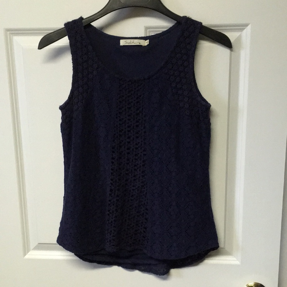 Navy sleeveless top with crochet overlay